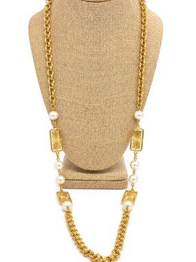 VINTAGE GOLD TONE Necklace Faux Pearl Sunburst Bar Link Long 36" Statement Chain